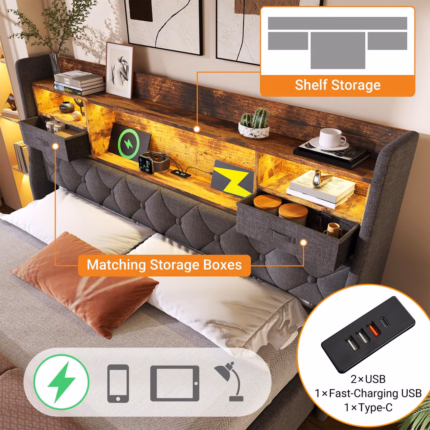 Aosom UK Upholstered Hydraulic Bed with LED Ambient Lighting and USB Charging Port, Linen Grey Bed Frame with Storage Headboard, W/D/H: 147 x 208 x 116 cm – 4