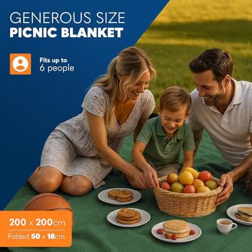 Voyager Green Herringbone Picnic Blanket, W/D/H: 200 x 200 x 200 cm, Waterproof and Sandproof Foldable Outdoor Mat with Carry Handle – 3
