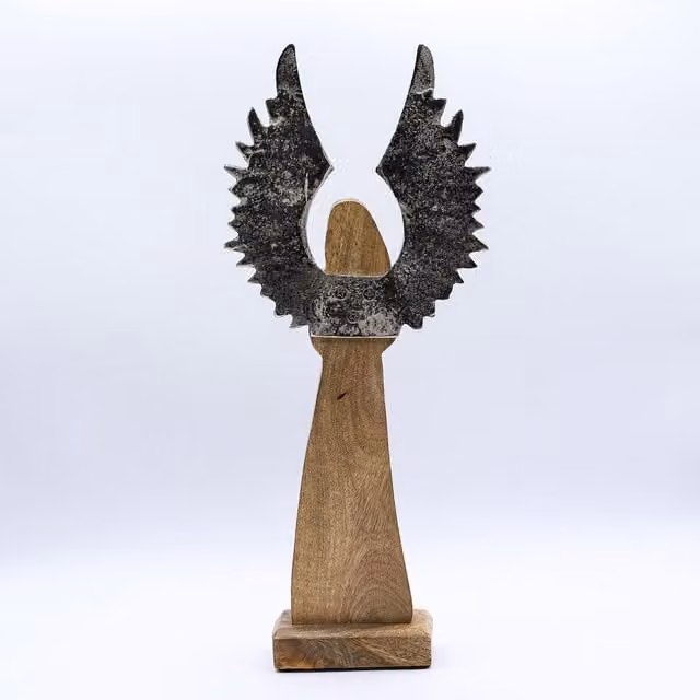 KDMK Large Mango Wood Guardian Angel with Metal Wings and Enamel Detail in Brown, Silver and Black, H: 40 cm x W: 17 cm x D: 5 cm