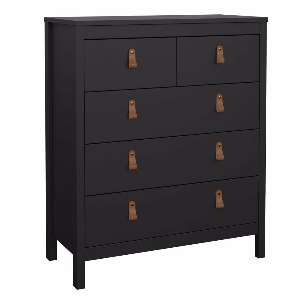 Wyld Haus Wildberry 5 Drawer Chest in Matt Black with Leather Strap Handles, W/D/H: 98.9 x 38.4 x 36.6 cm – 2