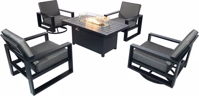 Furniture One 4 Seater Grey Powder Coated Aluminium Garden Sofa Set with Fire Pit Table and Upholstered Cushions