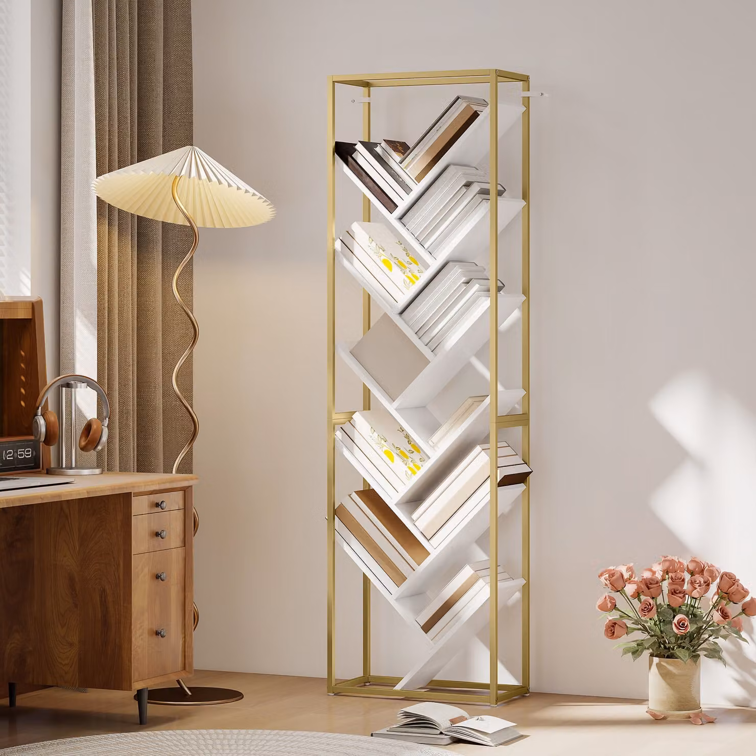 HOMCOM Modern-Style 10-Shelf Freestanding Bookshelf in Gold and White – 2