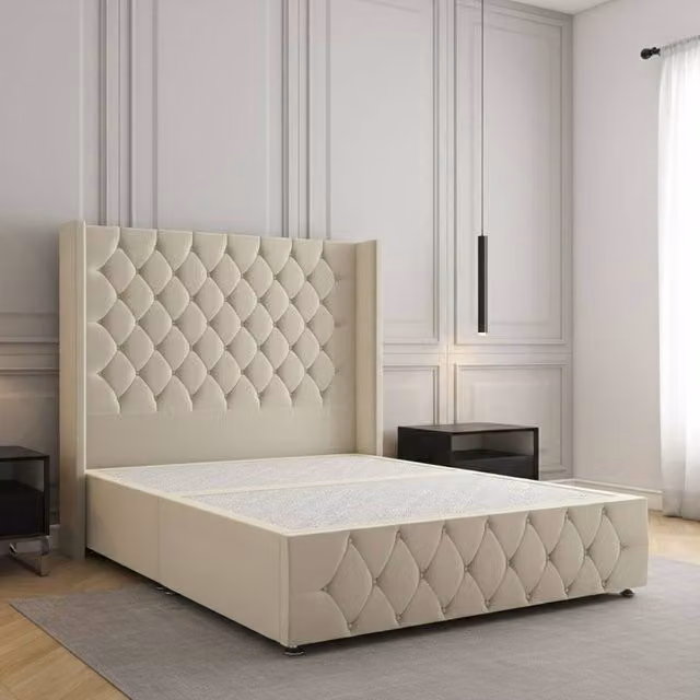 Regional Furnishings Plush Velvet Small Double Divan Bed with 54 inch Headboard and Footboard in Beige, W/D/H: 120 x 200 cm