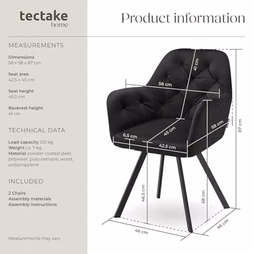 tectake Set of 2 Lucia Armchairs in Black with Geometric Pattern and Matt Metal Legs – 2