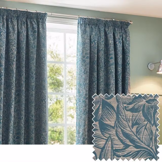 Wylder Nature Grantley Floral Jacquard Pencil Pleat Curtain Pair in Blue, Width: 168 cm, Drop: 229 cm – 1