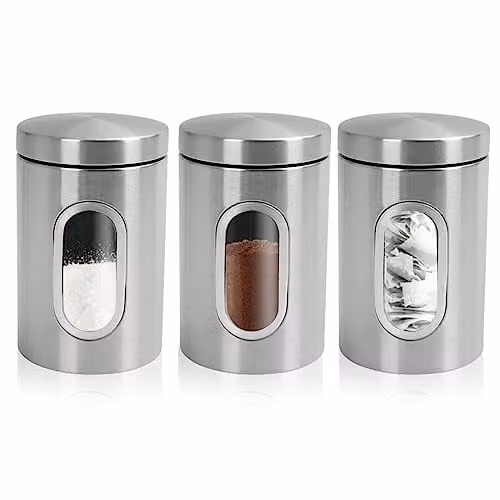 MantraRaj 3 Piece Stainless Steel Airtight Kitchen Canister Set in Silver and Black – 1