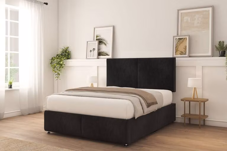Sloomy Vienna Naples Small Single Divan Bed Base in Black Velvet with 26 inch Strutted Headboard and 12 inch Matching Footboard, W/D/H: 80 x 190 cm