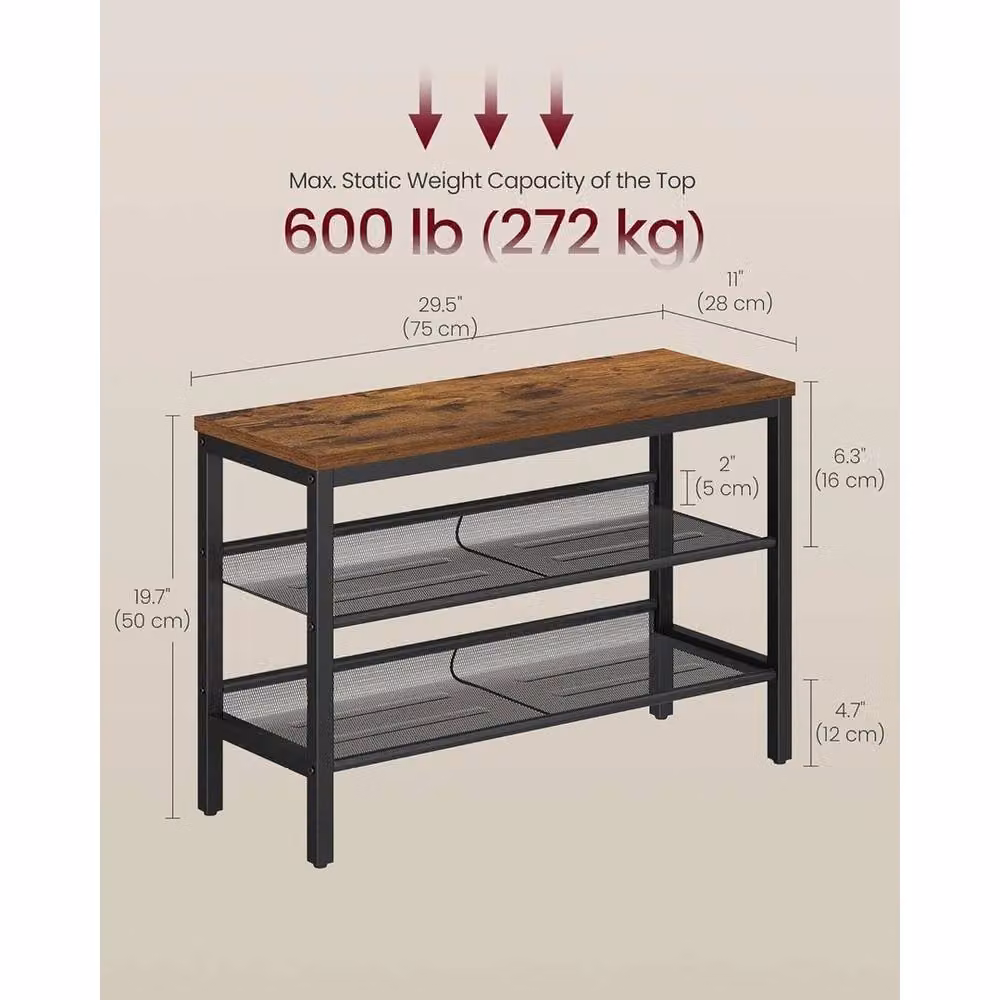 VOGREX Industrial 3-Tier Shoe Bench and Rack in Brown and Matte Black – 2