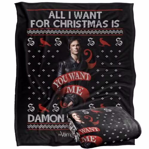 LOGOVISION The Vampire Diaries All I Want For Christmas Is Damon Salvatore Super Soft Silky Touch Fleece Throw Blanket, Multicolour, W: 152 cm, D: 127 cm