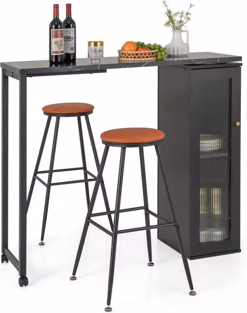 Costway Modern Black Marble Top Bar Table and Chairs Set with Rotating Serving Tiers