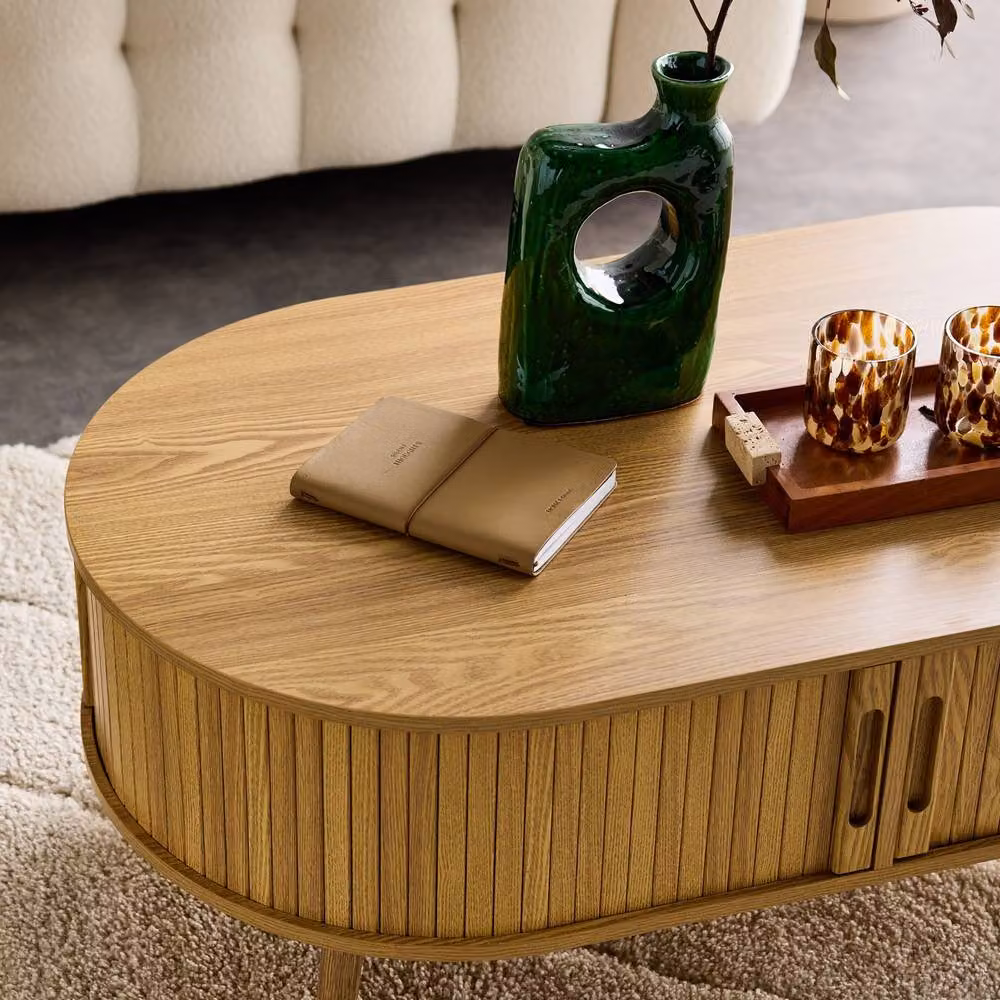 sweeek Coffee Table with Sliding Doors and Grooved Wooden-effect Compartments in Light Brown, W/D/H: 120 x 60 x 39 cm – 4