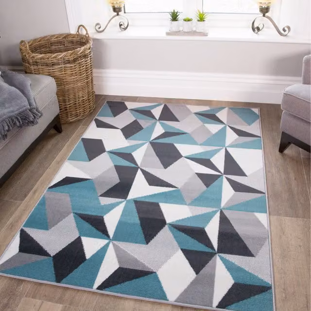 The Rug House Duck Egg Blue and Grey Geometric Diamond Living Room Rug, W: 110 cm, D: 60 cm