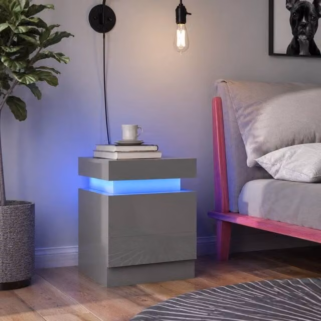 STILVORA Grey Glossy Bedside Table with Integrated LED Lights and 2 Drawers – 1