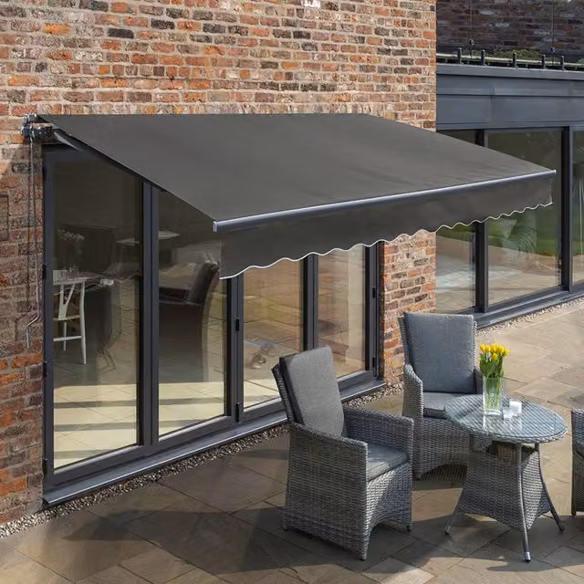 Primrose Retractable Aluminium Awning with Grey Polyester Fabric, W: 350 cm, D: 250 cm, Wall-Mounted Manual Folding Arm Design