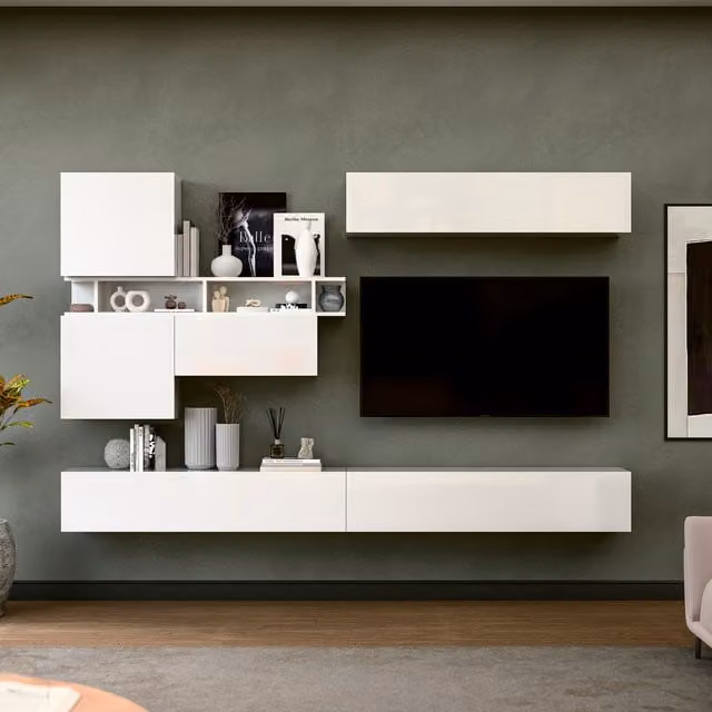 Decorotika Telby Wall Mounted Modern Geometric Entertainment Center in High Gloss White