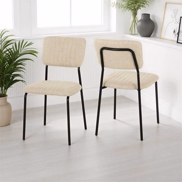 Seconique Sheldon Dining Chair Set of 4 in Beige Fabric with Black Metal Frame