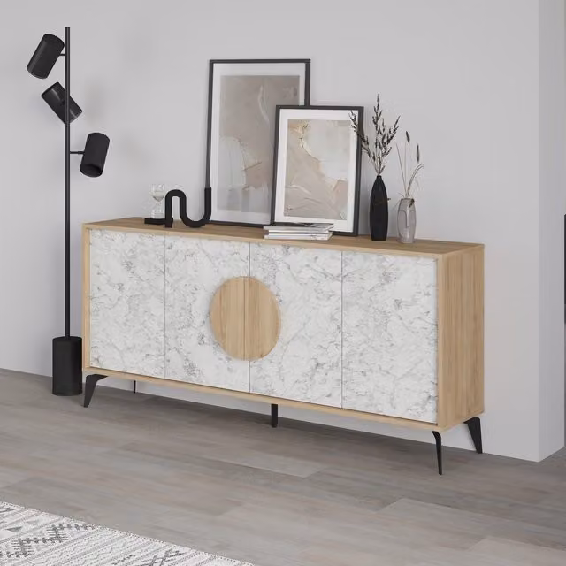 Decortie Gora 4 Door Sideboard Storage Cabinet with Metal Legs, Oak Brown and White