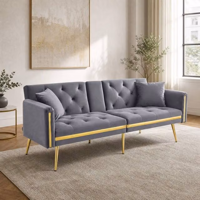 STILVORA 2-Seater Grey Velvet Sofa Bed with Adjustable Headrest and Cup Holders