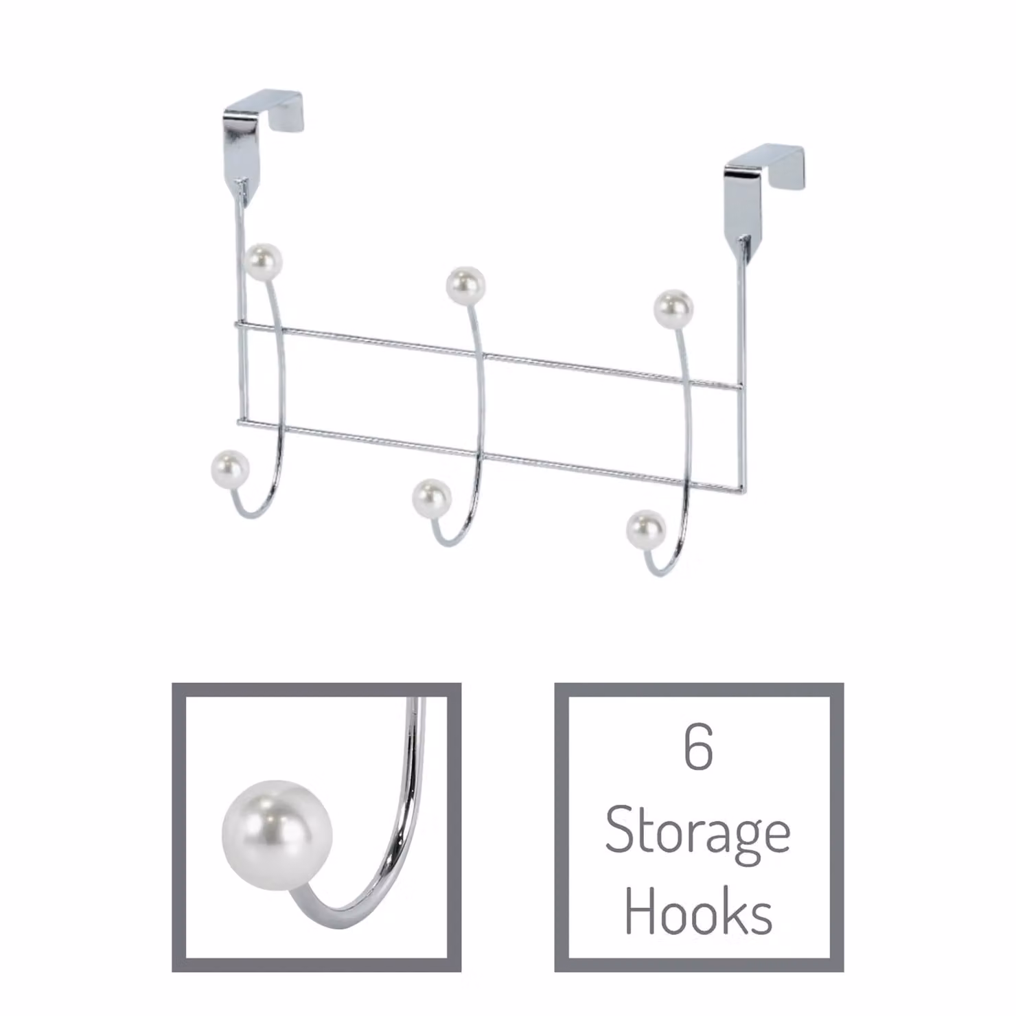 Showerdrape Akoya Black Over Door Storage Hooks in Metallic Silver, Set of 2