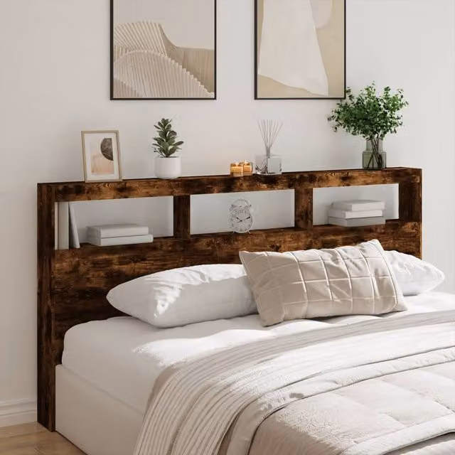 Berkfield Home Modern Headboard Cabinet in Smoked Oak Brown with Integrated LED Lighting, USB Charging Port and Bedside Shelf, W/D/H: 200 x 17 x 102 cm