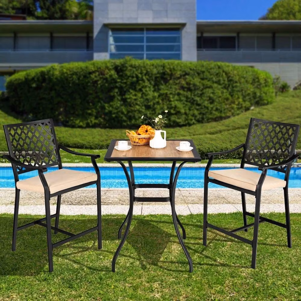 NESTLUNE 3 Piece Bar Height Outdoor Bistro Set in Matt Black Metal – 3
