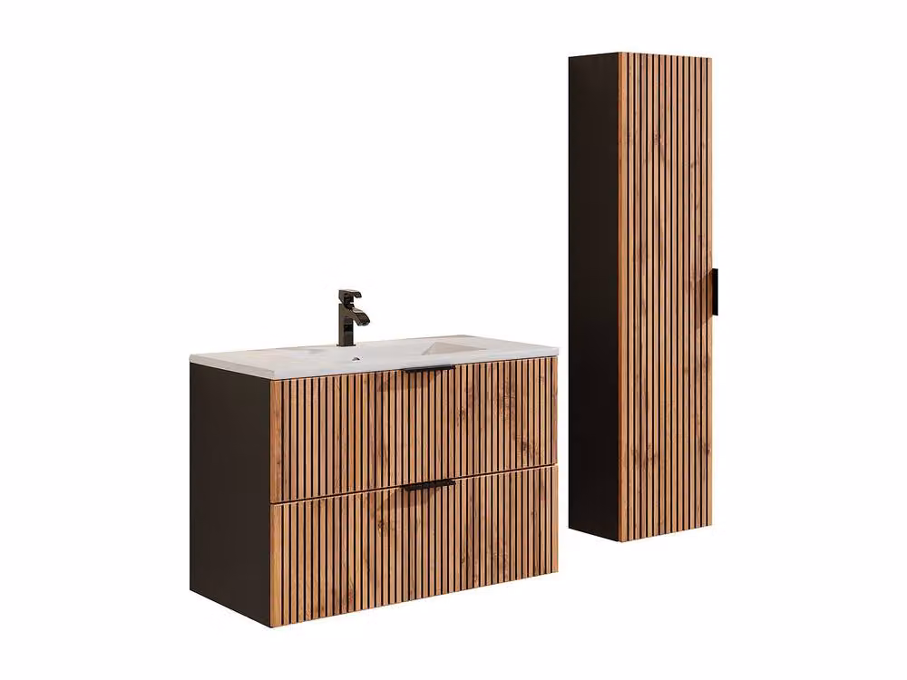 Vente-unique Ribbed Suspended Bathroom Cabinet with Inset Ceramic Basin and Column in Black Matt, W/D/H: 80 x 46 x 57 cm – 2