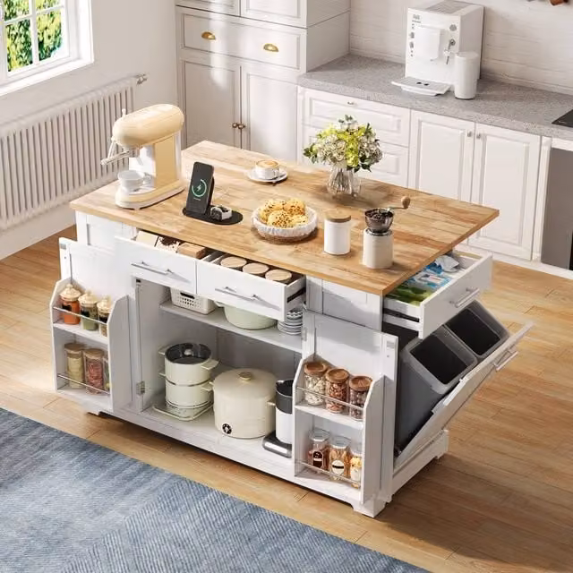Matteo Large Mobile Kitchen Island Prep Station in White Wood Effect