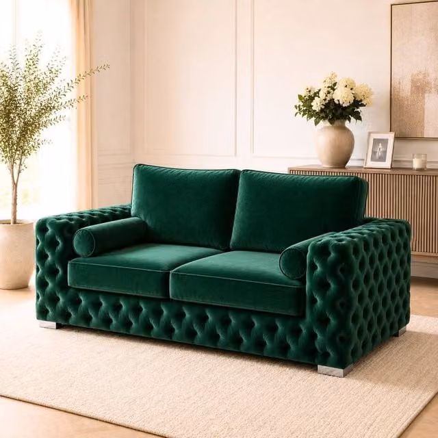 Stratus Interiors Ashley Tufted Chesterfield 2 Seater Fabric Sofa in Dark Green, W: 177.8 cm, D: 76.0 cm, H: 67.0 cm – 1