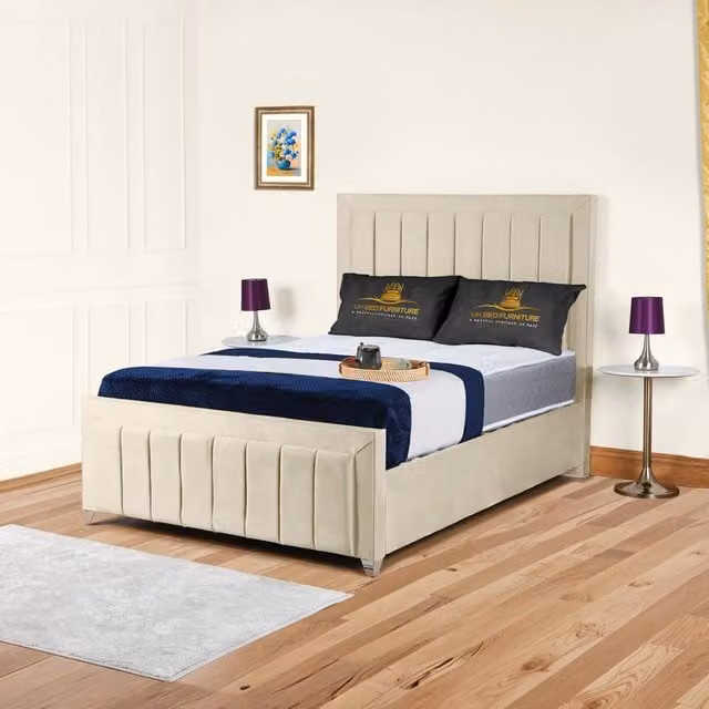 UK Bed Furniture Siarra Ottoman Gas Lift Upholstered Velvet Bed in Cream/Beige, Size: 180 x 200 cm