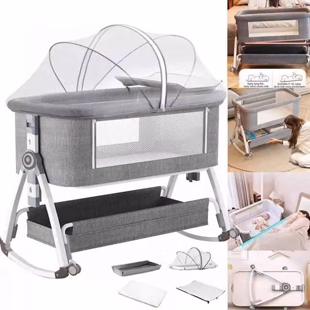VOGREX Adjustable Height Baby Bedside Sleeper Crib with Breathable Mesh and Drop Side in Grey