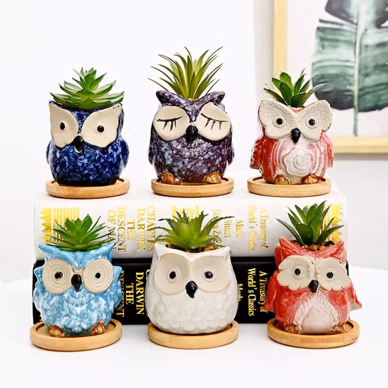 Simpa 6-Piece Multicolour Cartoon Owl Ceramic Plant Pots with Wood Bases, H 7.3 cm x Dia 7.3 cm – 2
