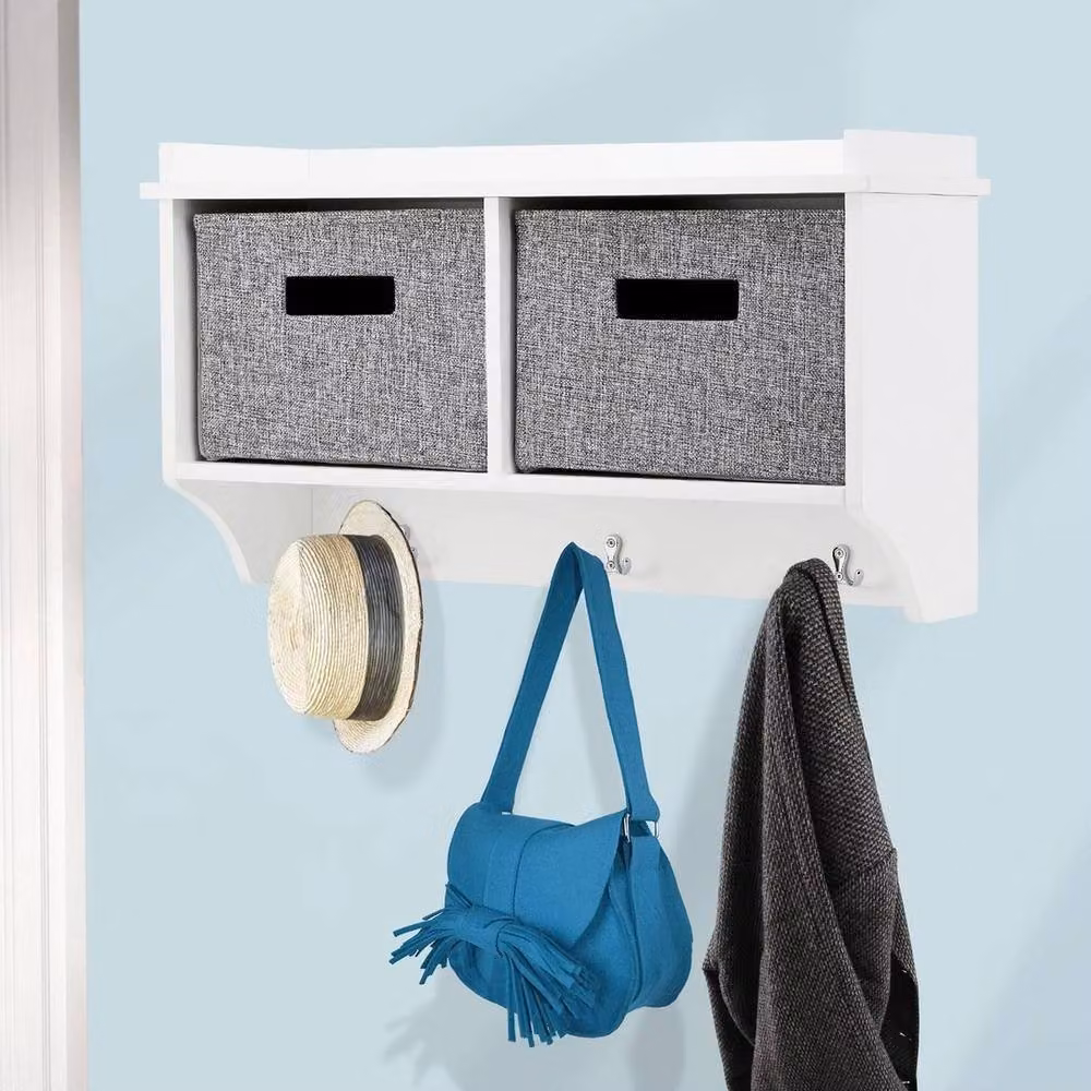KORVIXA Wall Mounted Coat Rack with Shelf in White and Grey Matt Wood – 2