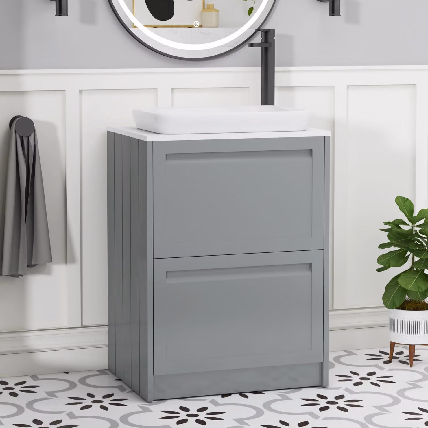 Royal Bathrooms Elmore 600mm Floor Standing Vanity Unit in Matt Pebble Grey with 2 Drawers, Plain White Worktop and Qubix Basin