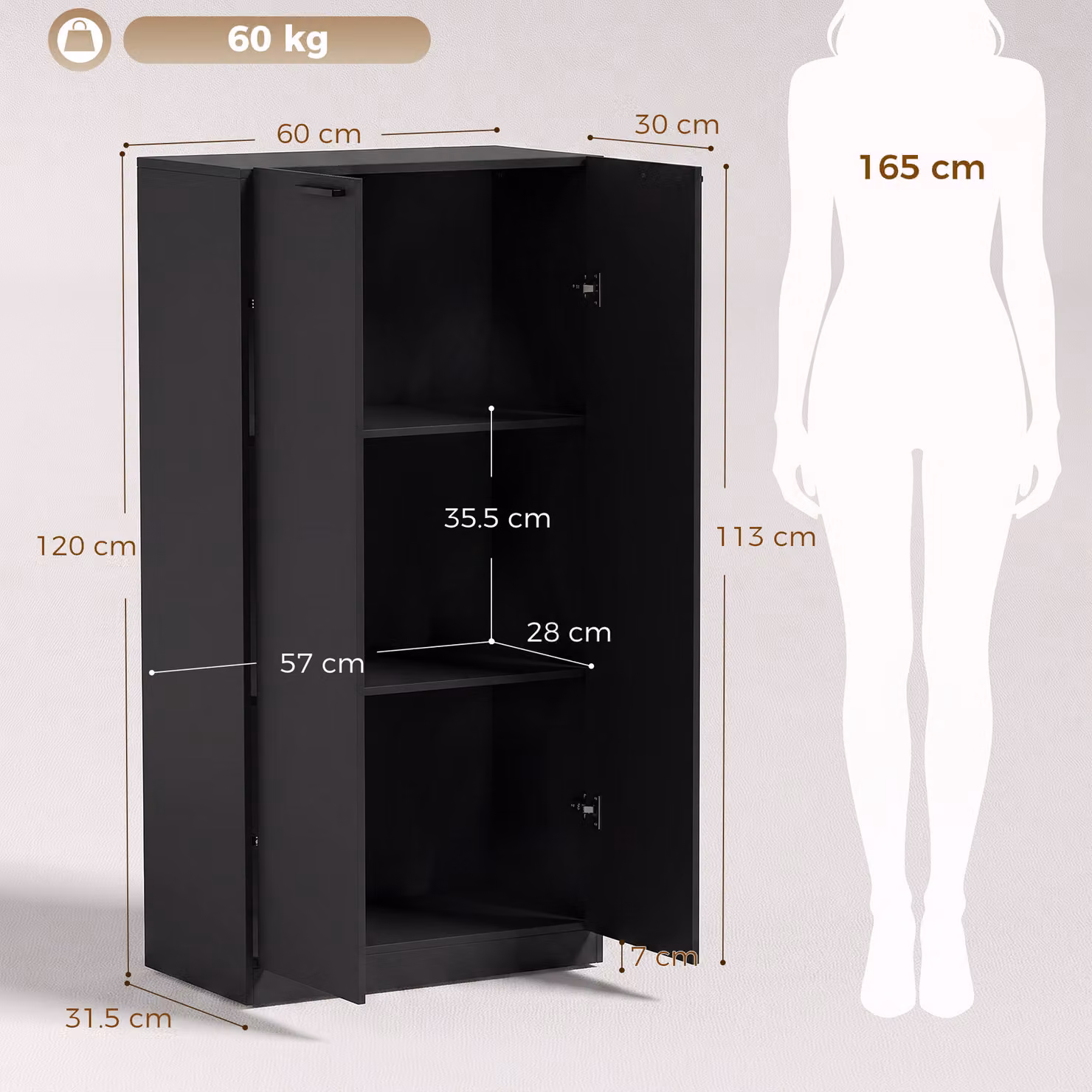 HOMCOM Black Modern Wooden Storage Cabinet with Soft-Close Hinged Doors, H 120 x W 60 x D 31.5 cm – 3