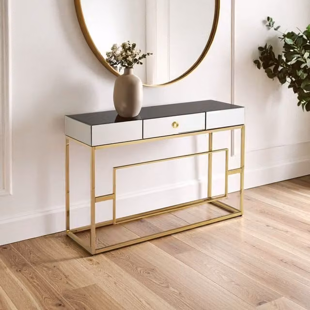 Orsina Vintage Design Console Table with Black Mirrored Glass Top and Gold Finish, W: 120 cm, D: 38 cm, H: 78 cm