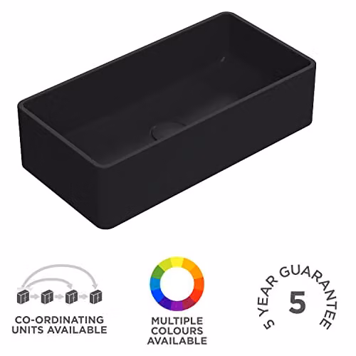 nuie NBV480 Luxe Rectangular Ceramic Countertop Vessel Basin Sink, Matt Black, W: 46.5 cm, D: 12.0 cm, H: 23.5 cm – 6