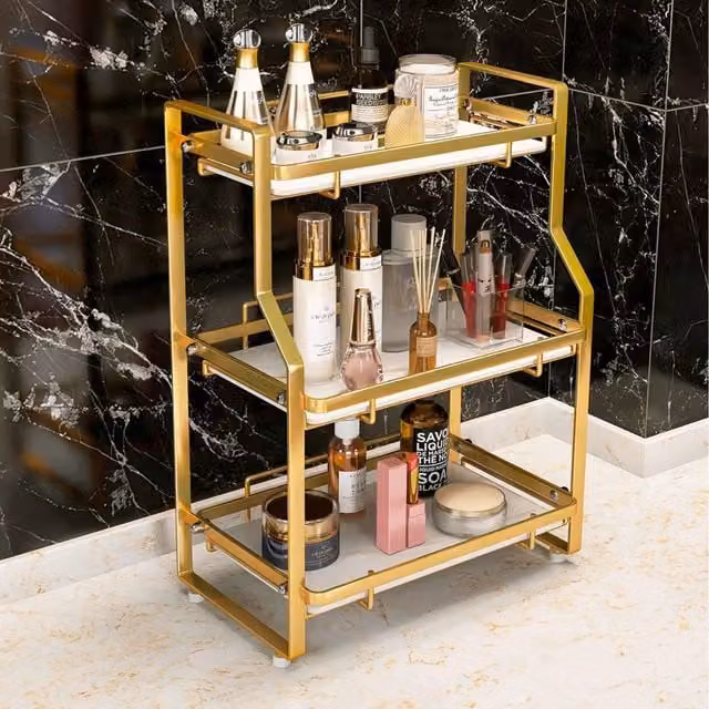 Livingandhome Freestanding Kitchen and Bathroom Storage Organiser Rack with Shelf, Gold, Height: 45 cm