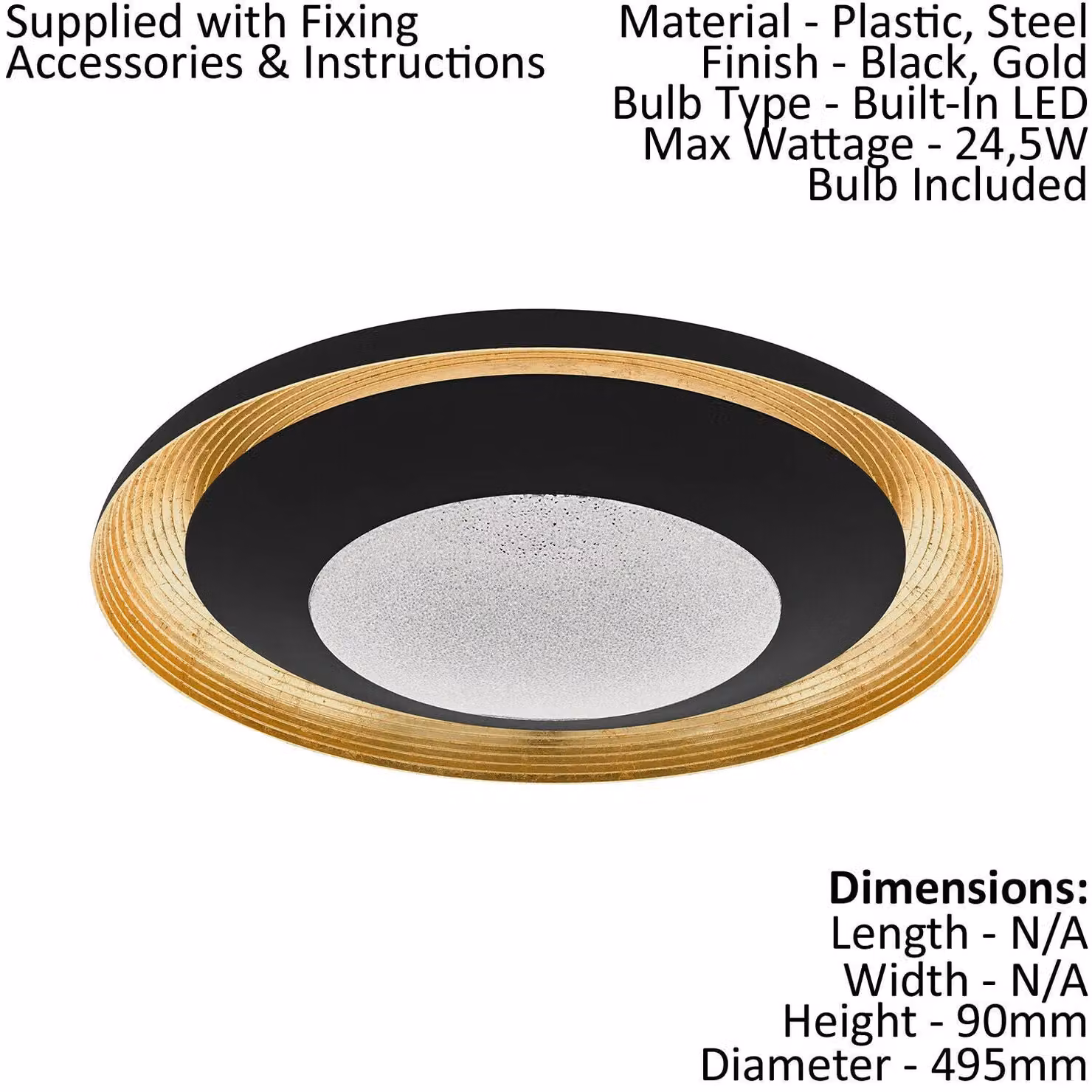 Loops LED Wall and Ceiling Flush Light in Black and Gold with Transparent Plastic and Metal Finish, 24.5W – 2