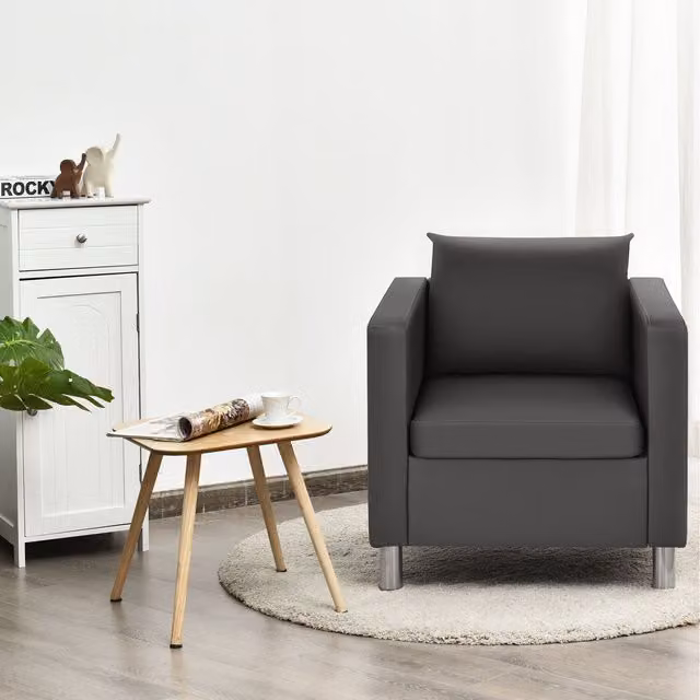 Costway Modern Grey Synthetic Leather Tub Single Sofa Chair with Armrests and Solid Wood Frame