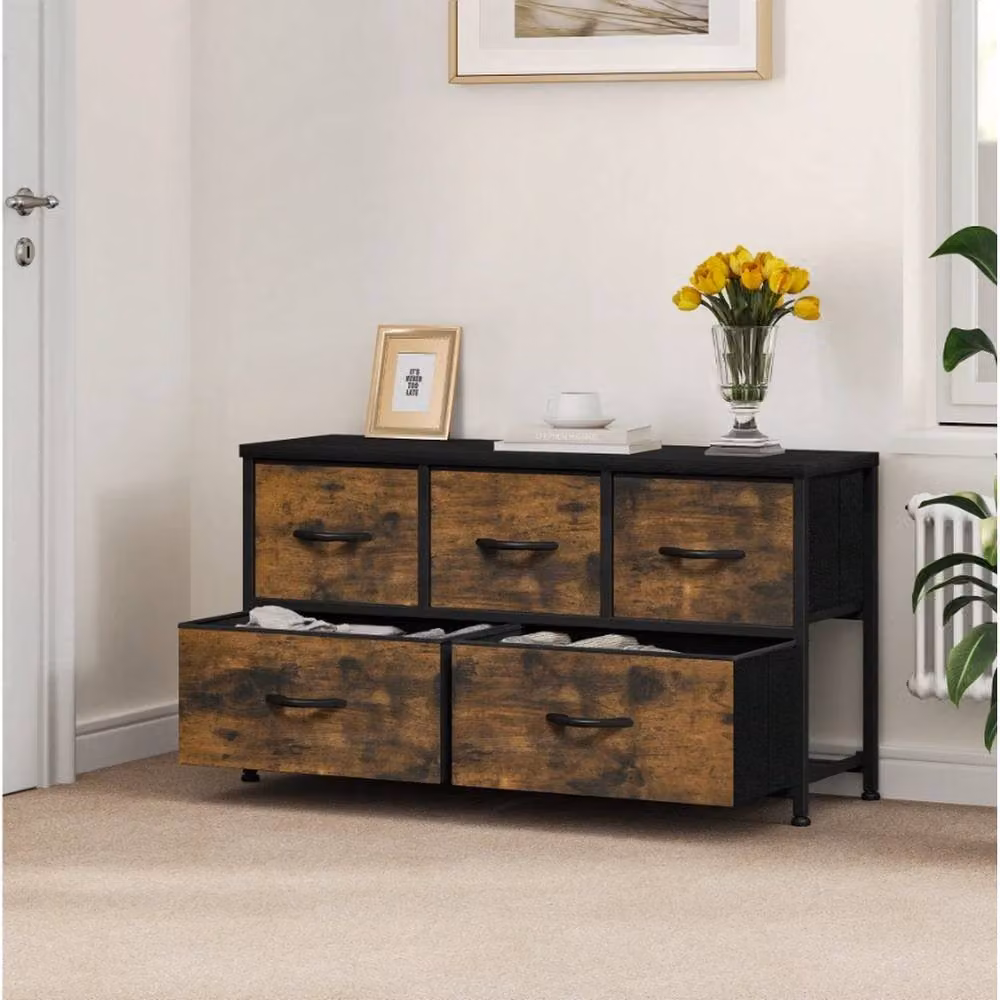 VOGREX Brown Steel Frame 5 Fabric Drawer Storage Chest with Wood Top – 2