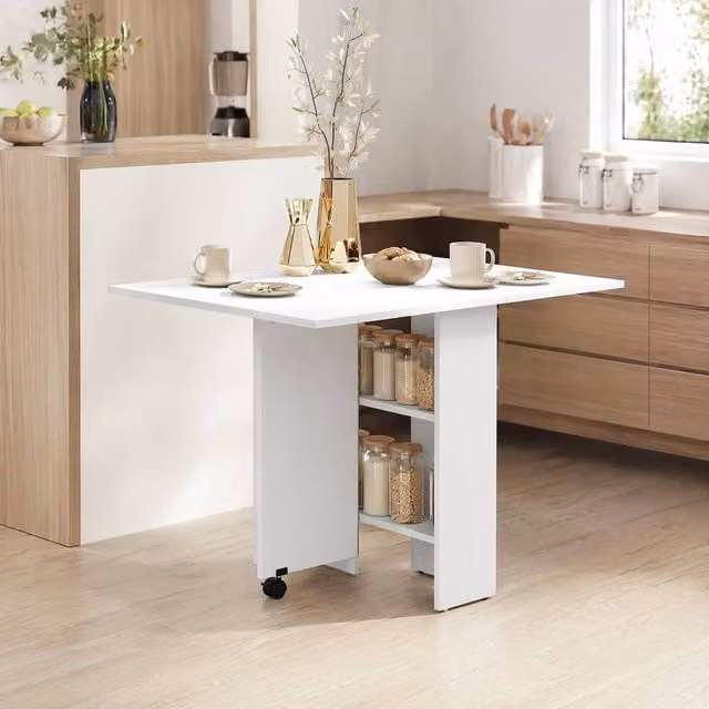 STILVORA Modern White Drop Leaf Dining Table with Castors and Storage – 1