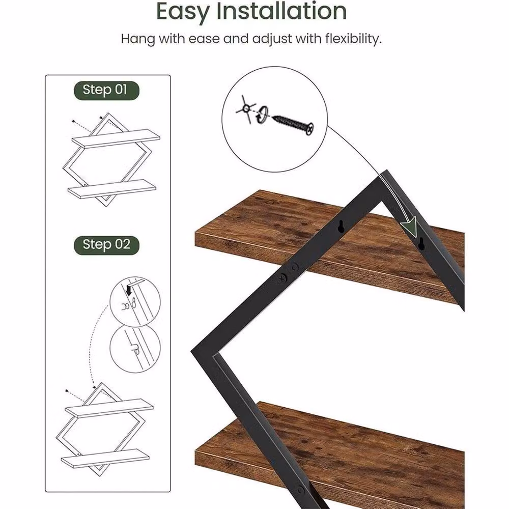 FORGEVIO 4 Pack Geometric Industrial Floating Wall Shelves in Matt Black Metal and Wood – 4