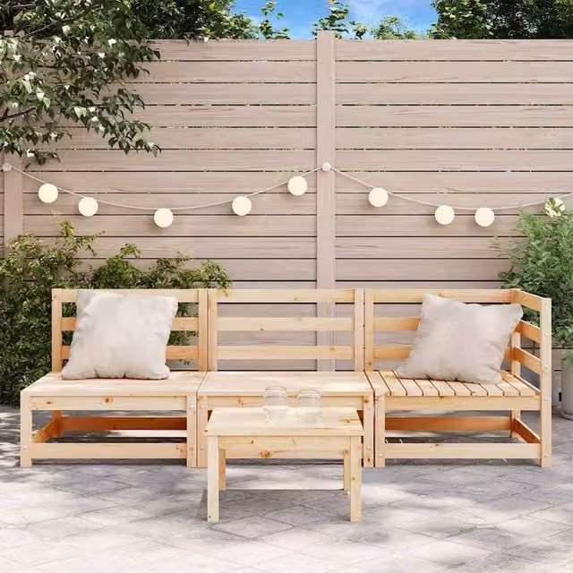 Berkfield Home L-Shape 3-Seater Garden Sofa in Natural Solid Pine with Beige Fabric Cushions W/D/H: 210 x 70 x 67 cm – 1