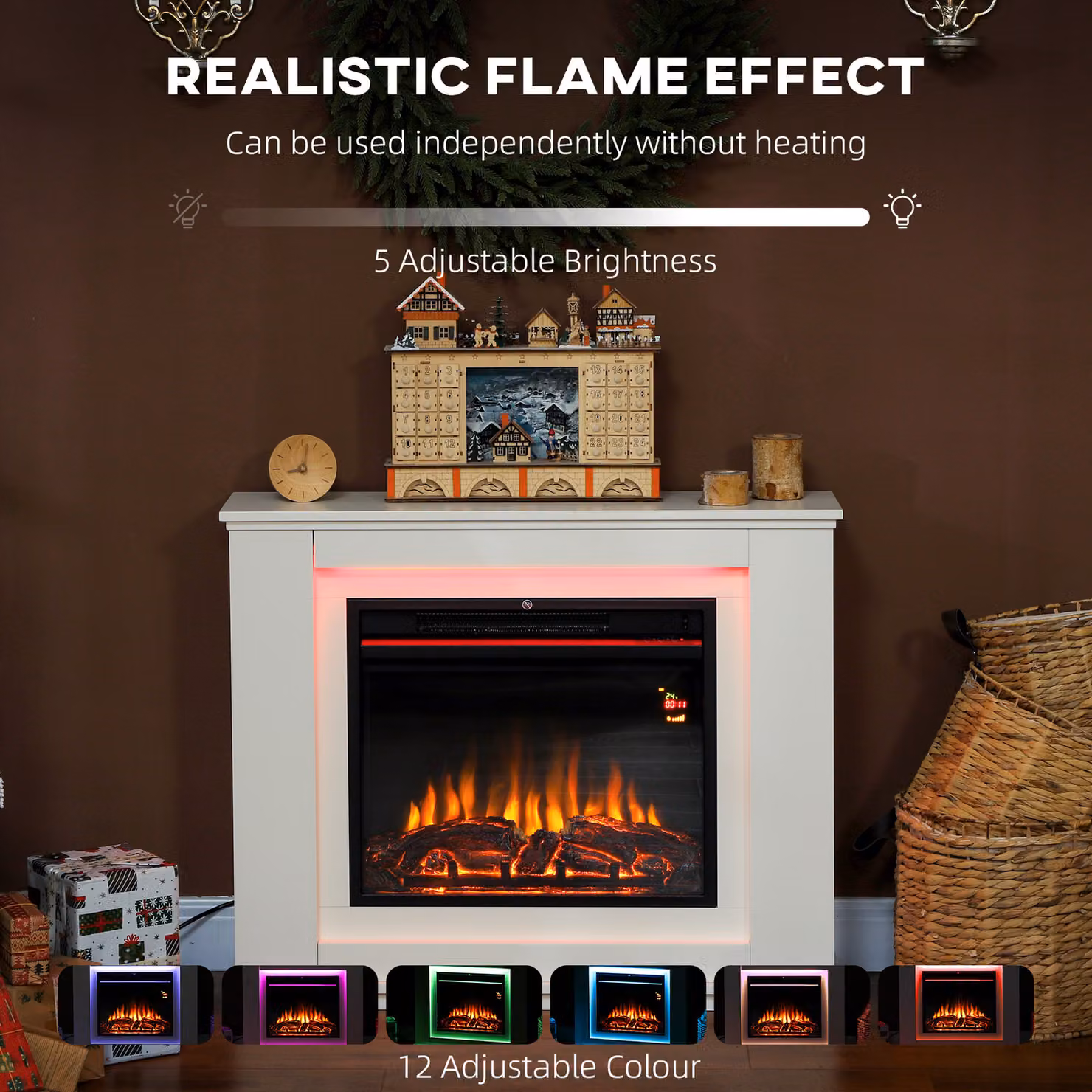 HOMCOM White Inset Electric Fireplace with Realistic Flame Effect, 12 Colours, 5 Brightness Levels, 2000W Heating Power and Remote Control for Living Rooms up to 30 m2 – 4