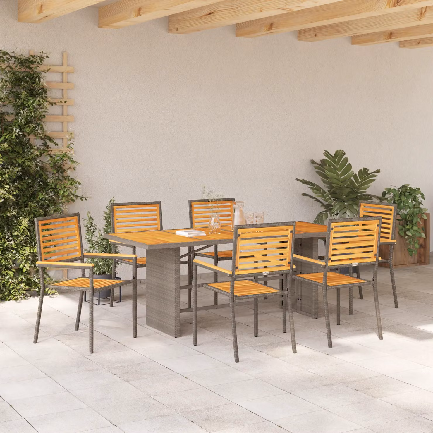 Berkfield Home 7 Piece Grey Poly Rattan and Acacia Wood Garden Dining Set – 3