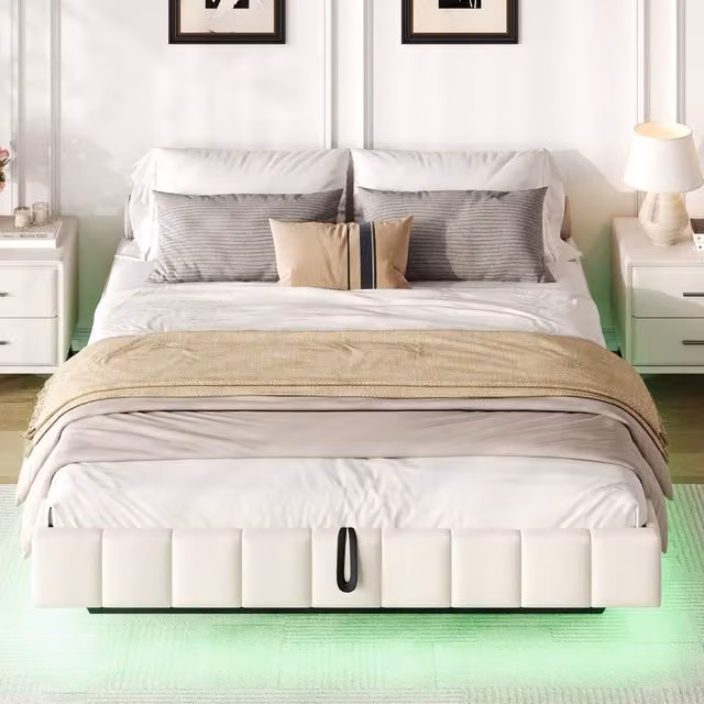 Merax Double Floating Upholstered Bed Frame with Hydraulic Storage and Under-Bed Lighting in Beige, W/D/H: 140 x 200 x 32 cm