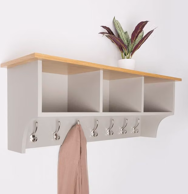 Charnwood Grey Oak Floating Storage Shelf with Three Cubbies and Metal Hooks