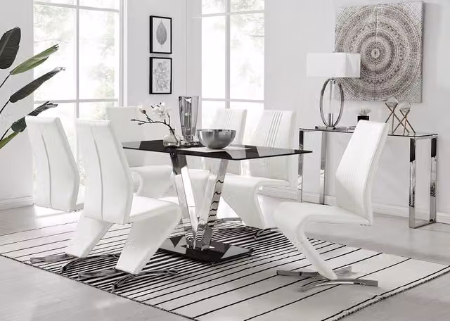 FurnitureboxUK Florini Black Glass and Chrome Metal Dining Table and 6 White Modern Willow Chairs Set