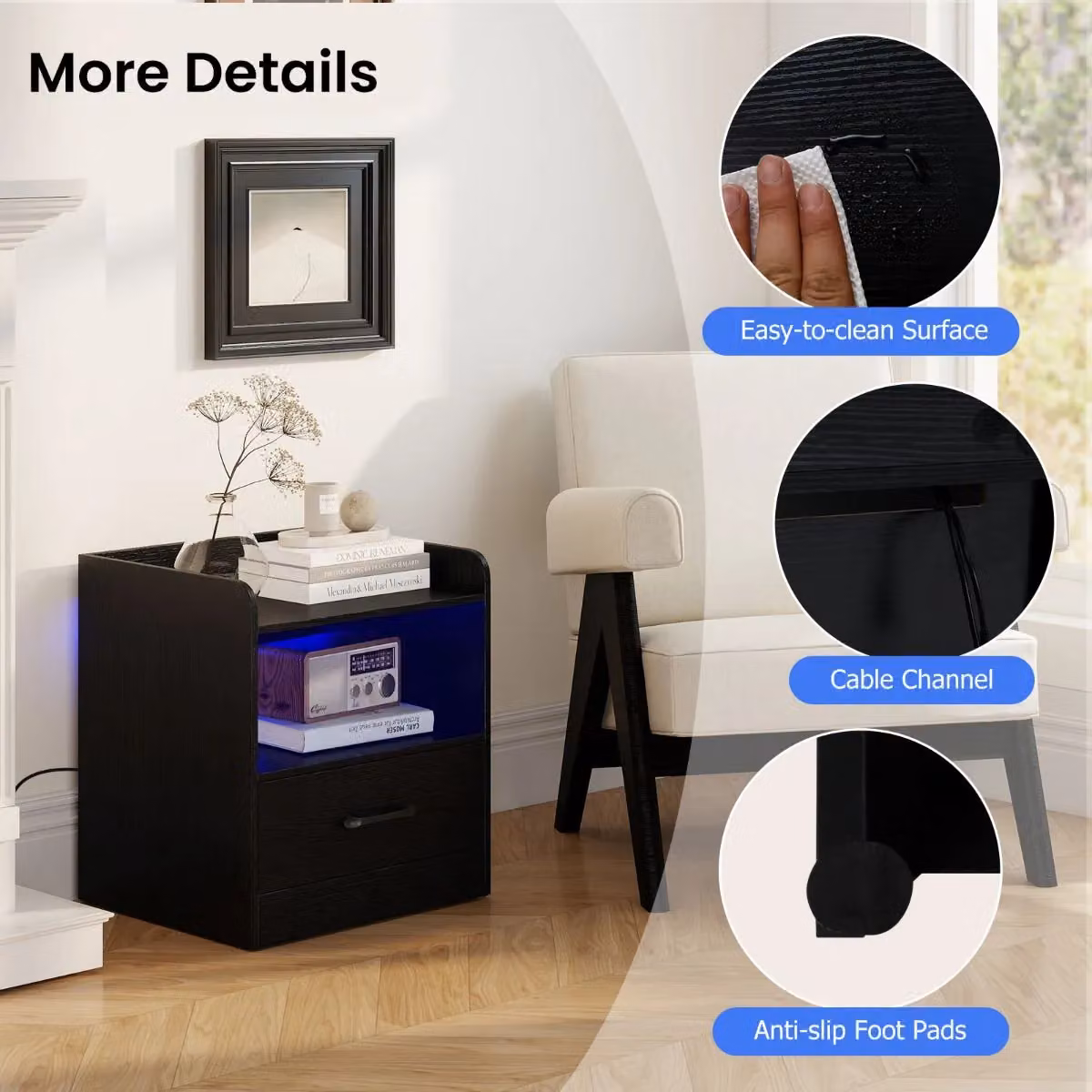 Costway Modern Small Bedside Table with Drawer in Black – 6