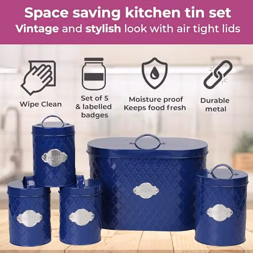 Neo 5 Piece Embossed Geometric Metal Kitchen Canister Set in Blue – 3